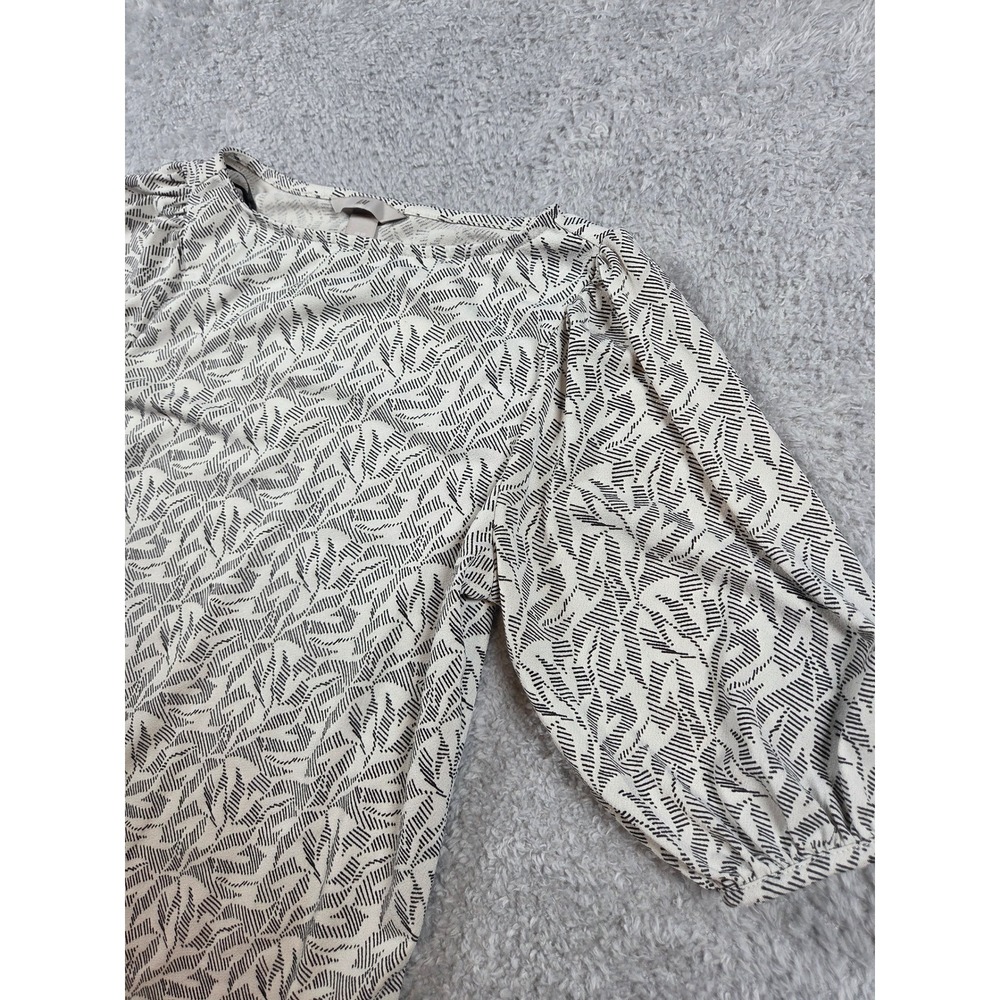 H&M Black White Abstract Leaf Print Puff Sleeve Blouse Boat Neck‎ Top